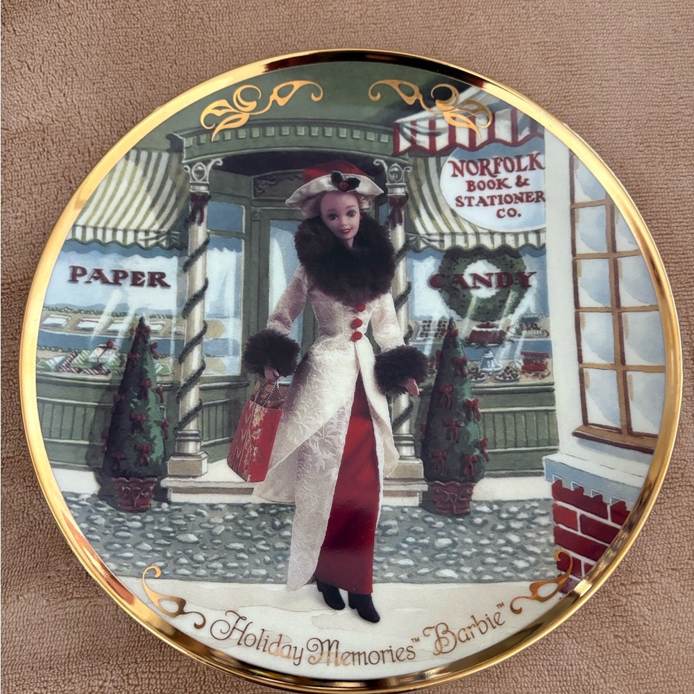 Hallmark Holiday Memories Barbie Ceramic Plate with Gold and Red Accents